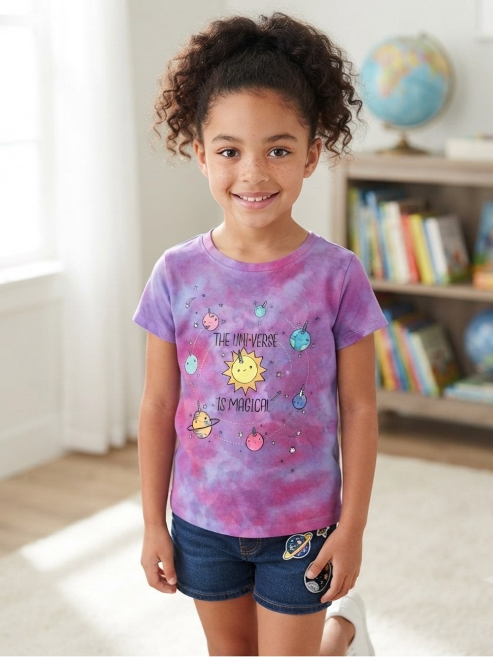 Girls Purple Tie-Dye Kids T-Shirt with Planet Print